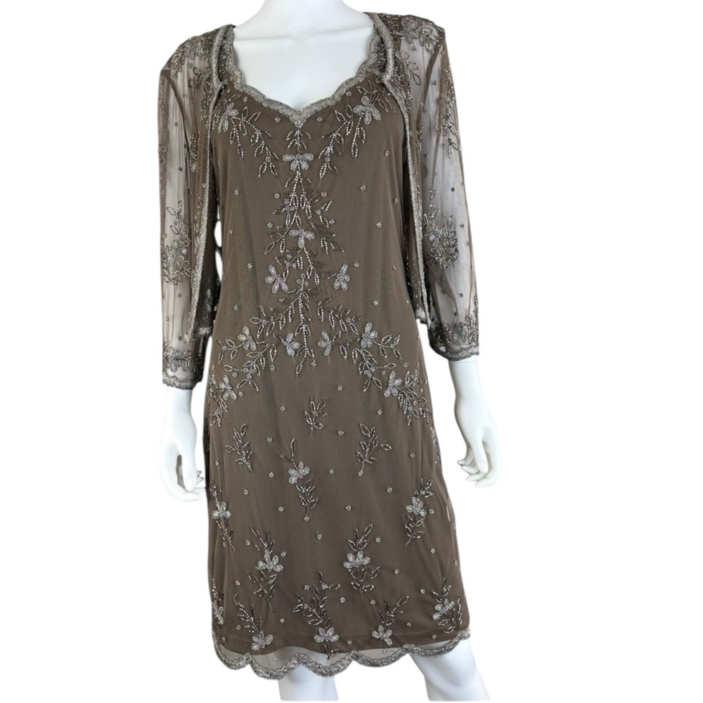 SCALA NWT Brown Beaded Cocktail Dress and Cardigan Set Size 12 O0627